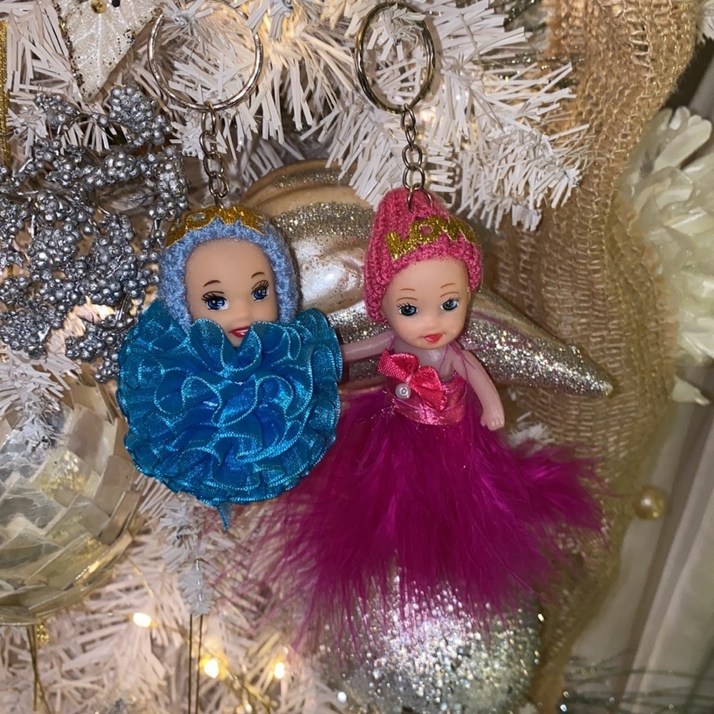 2 baby doll Christmas tree ornaments or keychains pink feather blue ribbon ball‌ - Picture 15 of 16